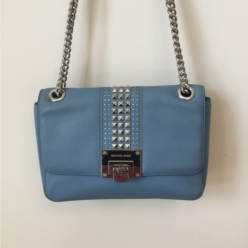 Michael Kors Tina Studded Flap Bag Lt. Blue Saffiano Leather Wear 2-ways - Picture 2 of 13